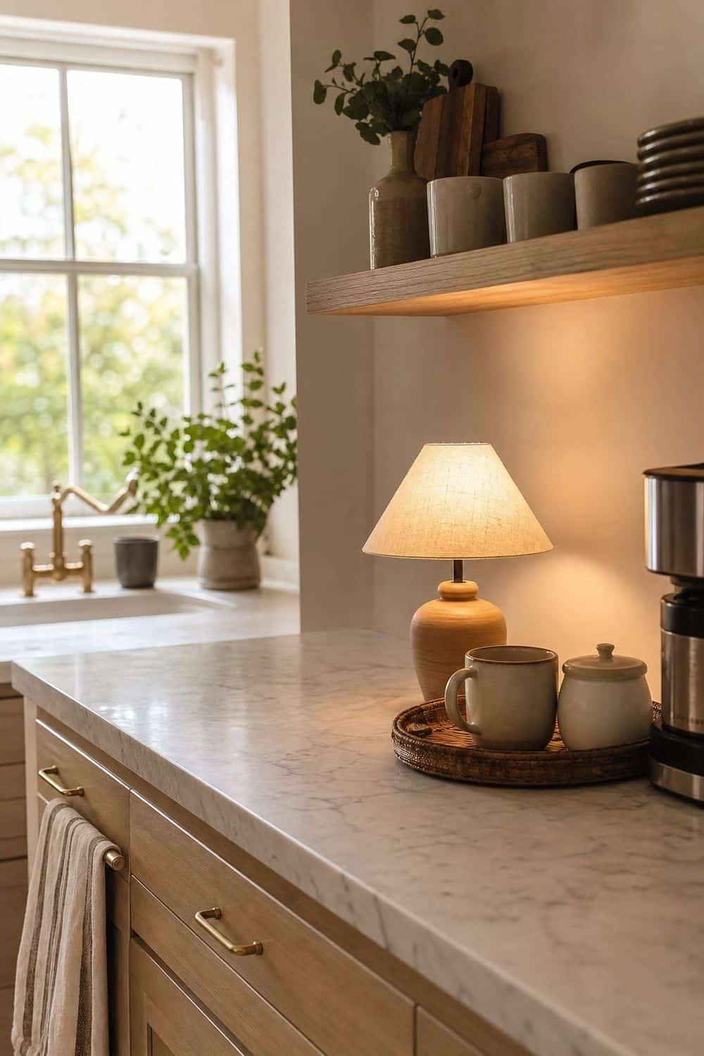 25 Cozy Kitchen Ideas for a Cozy Home Cozy kitchen idea showing small lamp on a quiet counter end in a warm clean home kitchen