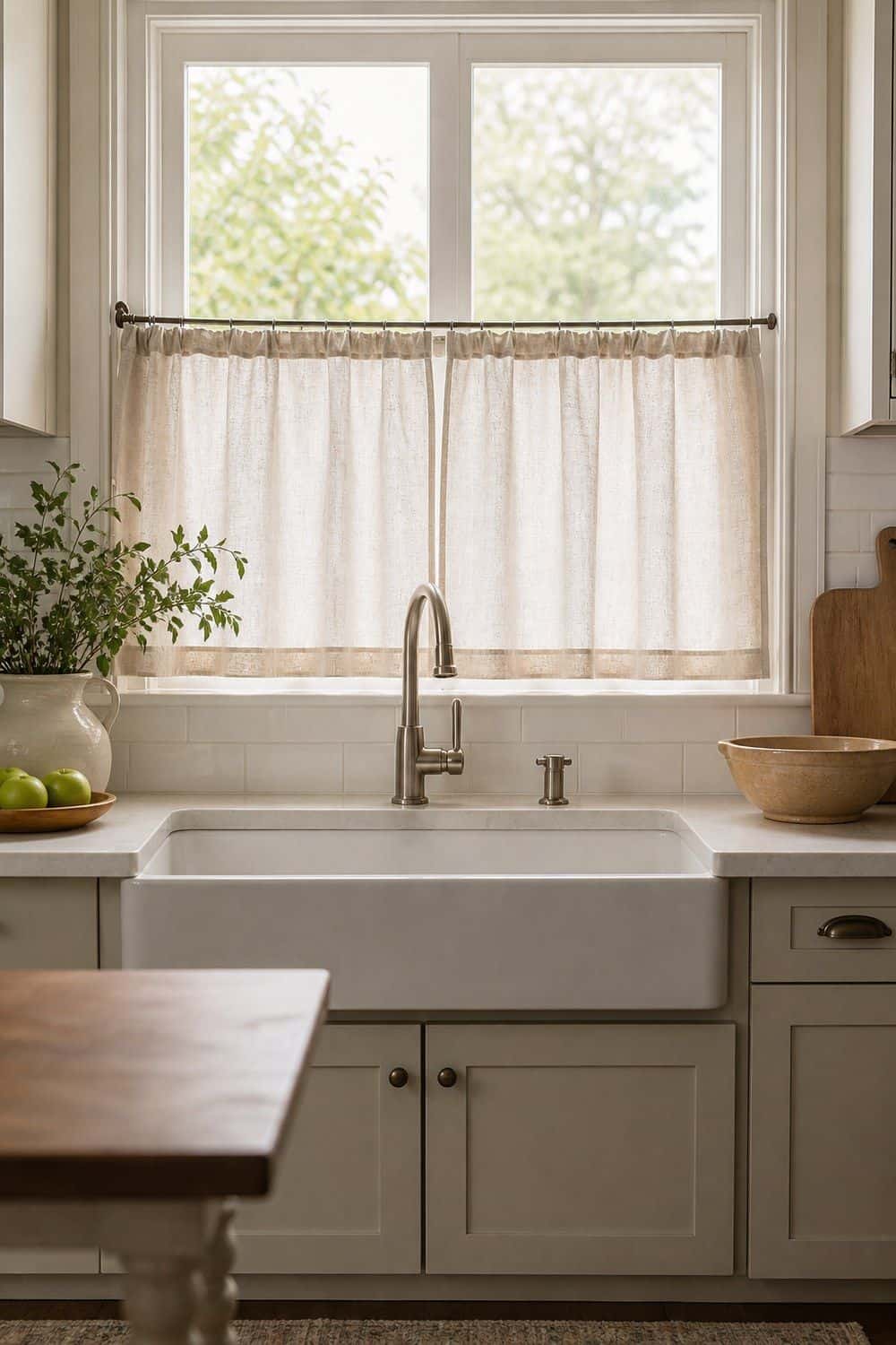 25 Cozy Kitchen Ideas for a Cozy Home Cozy kitchen idea showing linen cafe curtains at the sink in a warm clean home kitchen