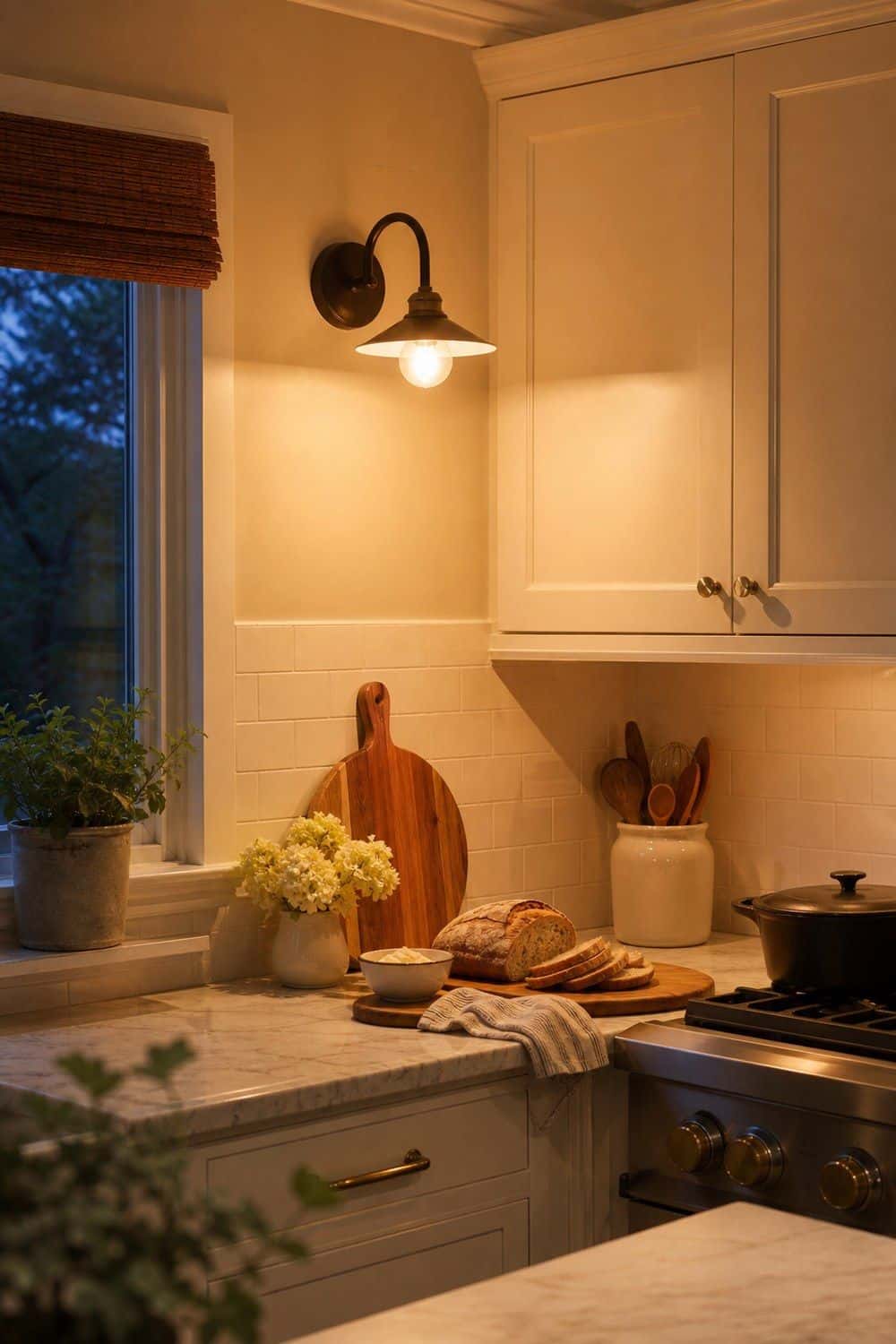 25 Cozy Kitchen Ideas for a Cozy Home Cozy kitchen idea showing warm white bulbs instead of harsh light in a warm clean home kitchen