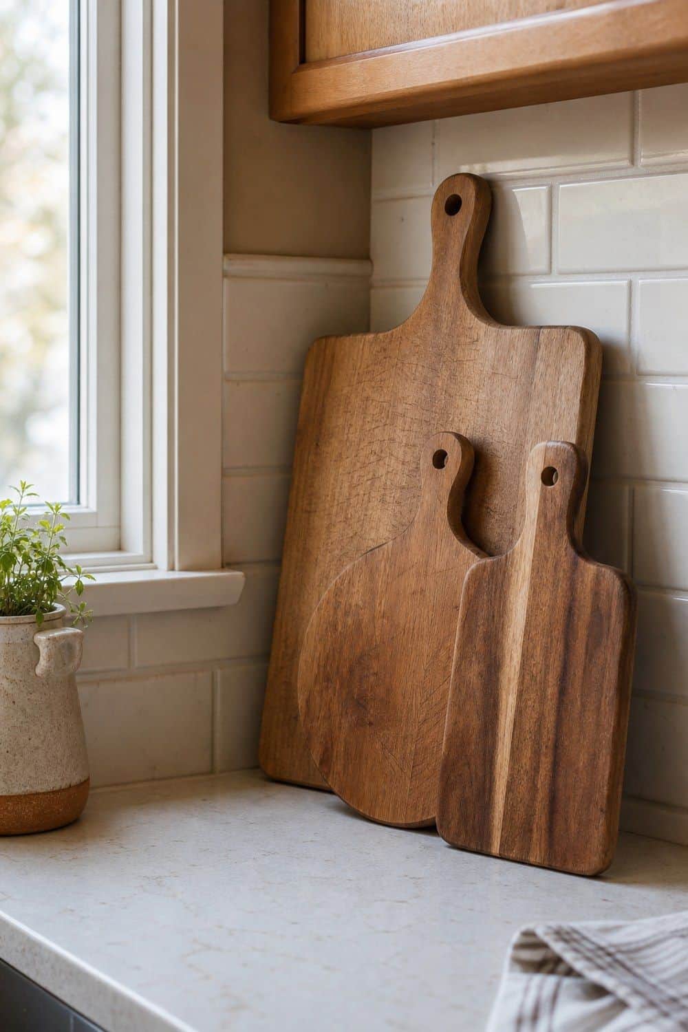 25 Cozy Kitchen Ideas for a Cozy Home Cozy kitchen idea showing wood boards that stay visible and useful in a warm clean home kitchen