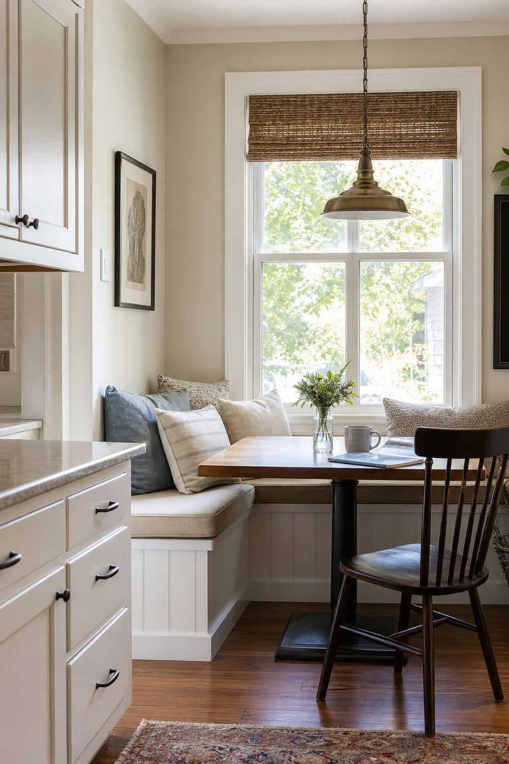 25 Cozy Kitchen Ideas for a Cozy Home Cozy kitchen idea showing breakfast nook with cushioned seating in a warm clean home kitchen