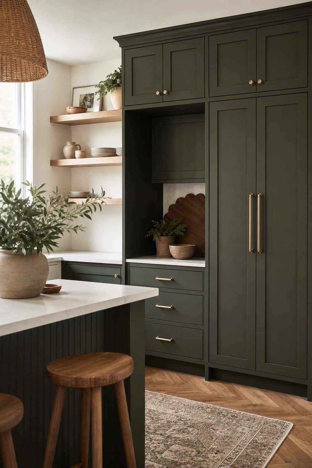 25 Cozy Kitchen Ideas for a Cozy Home Cozy kitchen idea showing deeper cabinet accent in a warm clean home kitchen