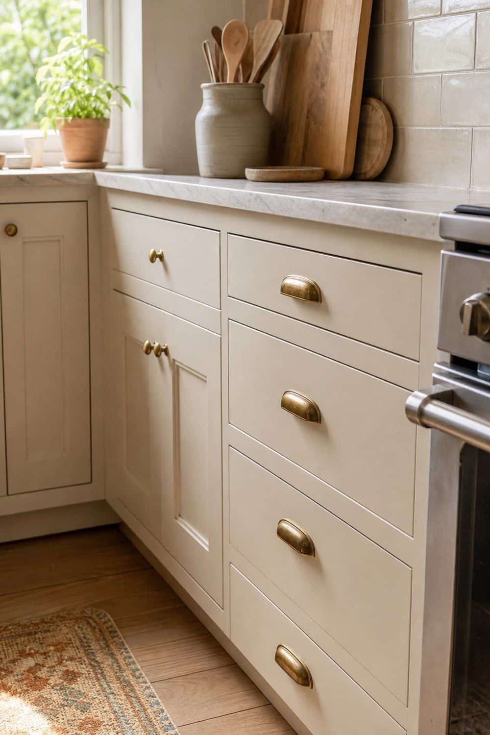 25 Cozy Kitchen Ideas for a Cozy Home Cozy kitchen idea showing brass or bronze instead of cold hardware in a warm clean home kitchen