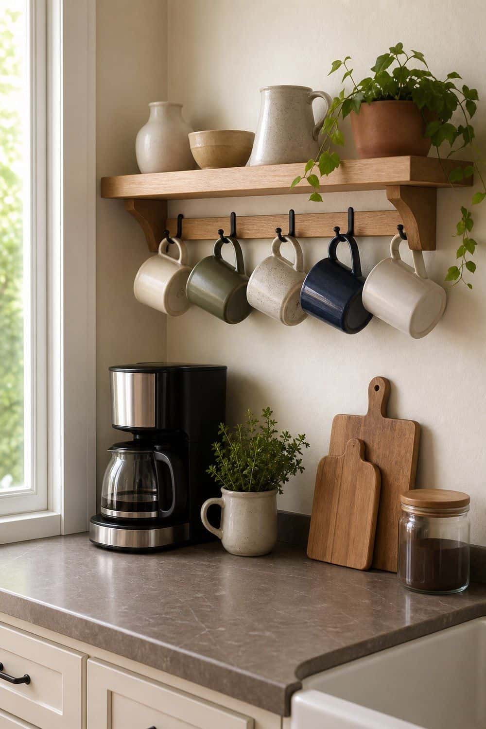 25 Cozy Kitchen Ideas for a Cozy Home Cozy kitchen idea showing mug rail or shelf for daily cups in a warm clean home kitchen