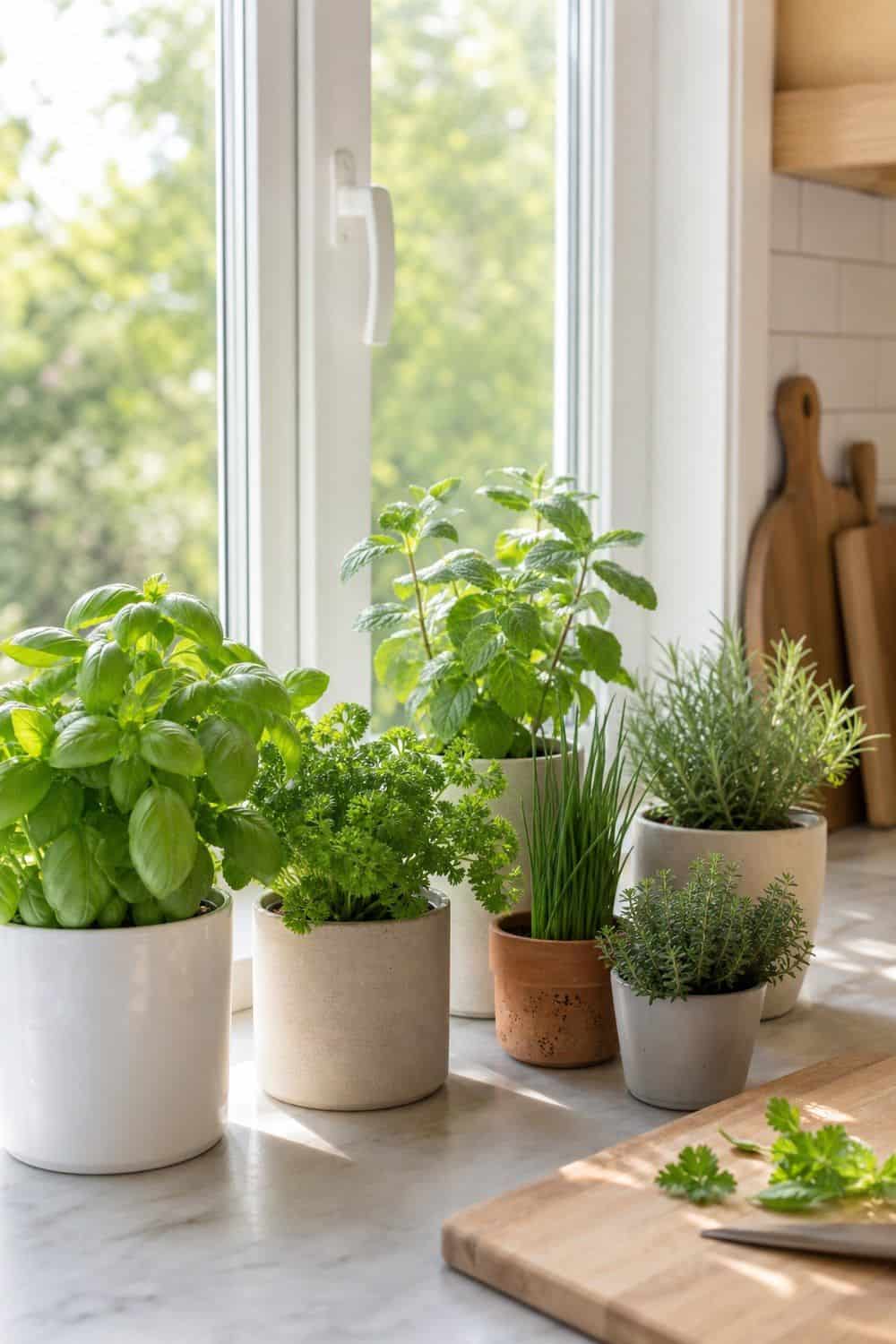 25 Cozy Kitchen Ideas for a Cozy Home Cozy kitchen idea showing herbs near a bright window in a warm clean home kitchen
