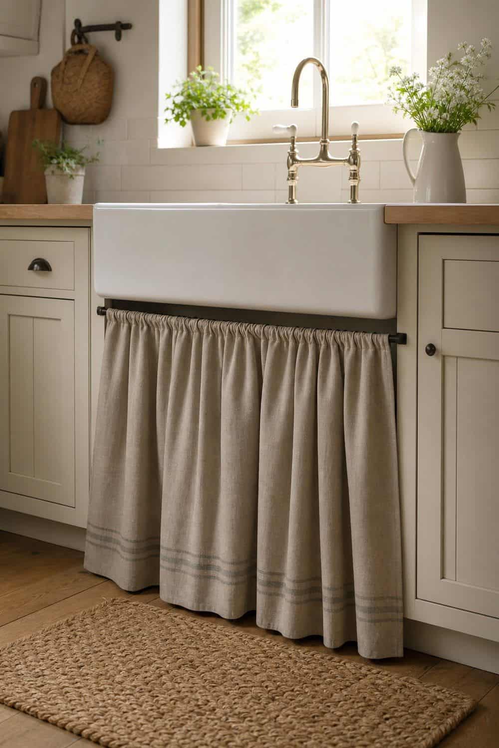 25 Cozy Kitchen Ideas for a Cozy Home Cozy kitchen idea showing sink skirt for cottage softness in a warm clean home kitchen