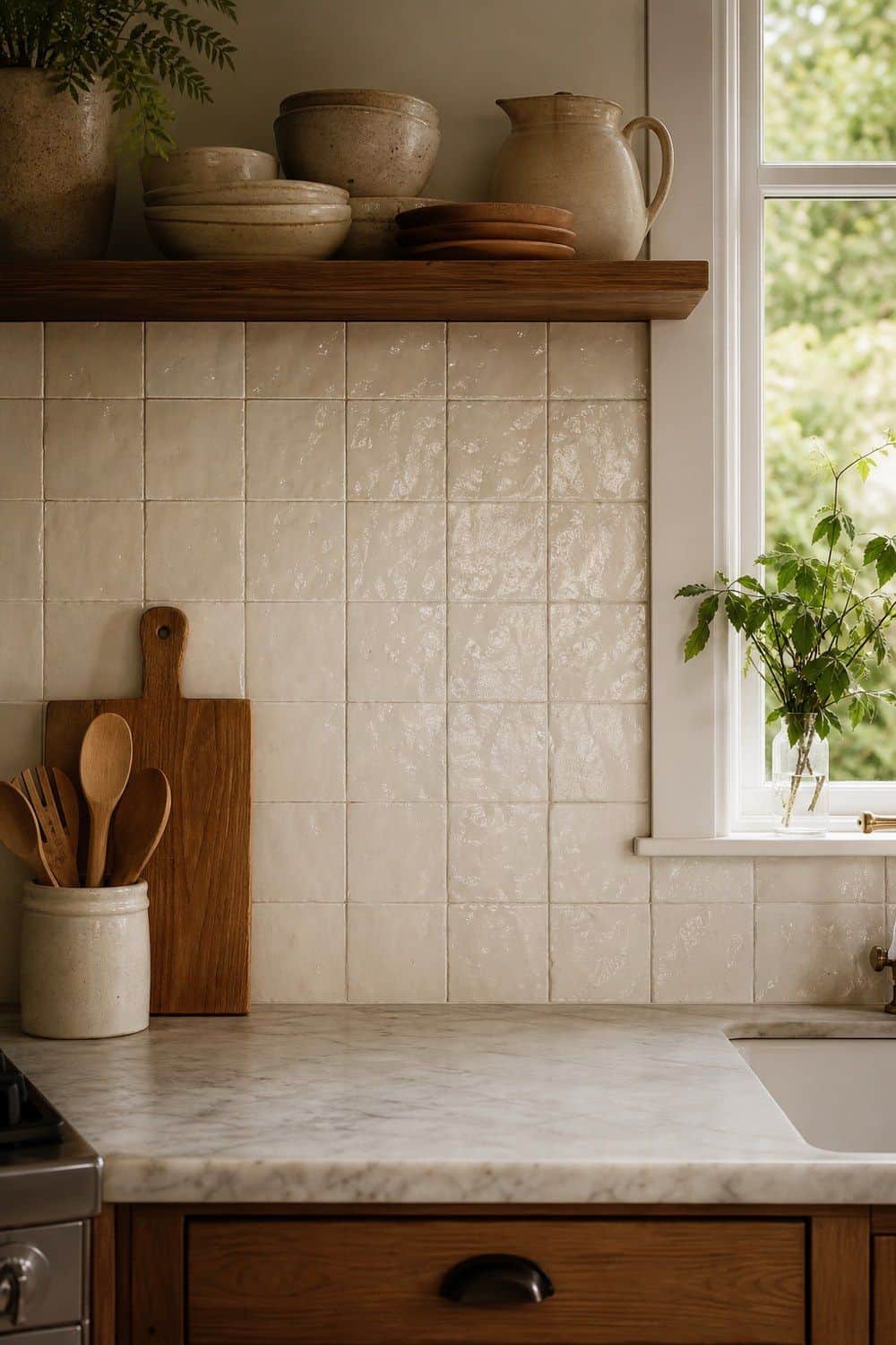 25 Cozy Kitchen Ideas for a Cozy Home Cozy kitchen idea showing softer handmade-look backsplash in a warm clean home kitchen