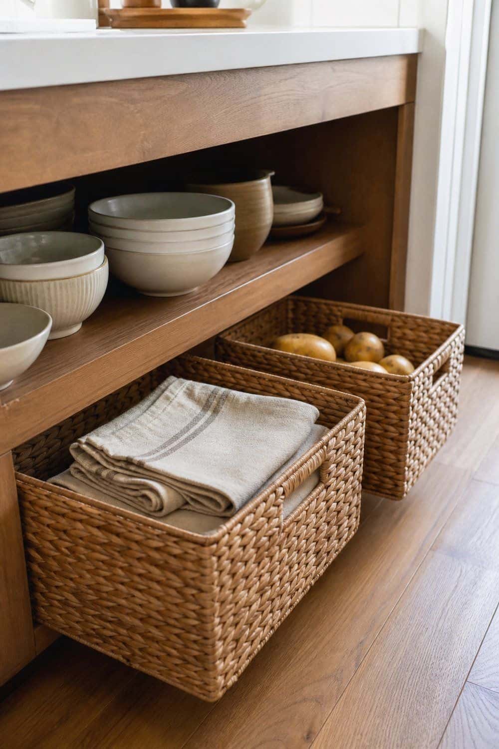 25 Best Earthy Kitchen Decor Finds 10. Woven Storage Baskets for Lower Shelves