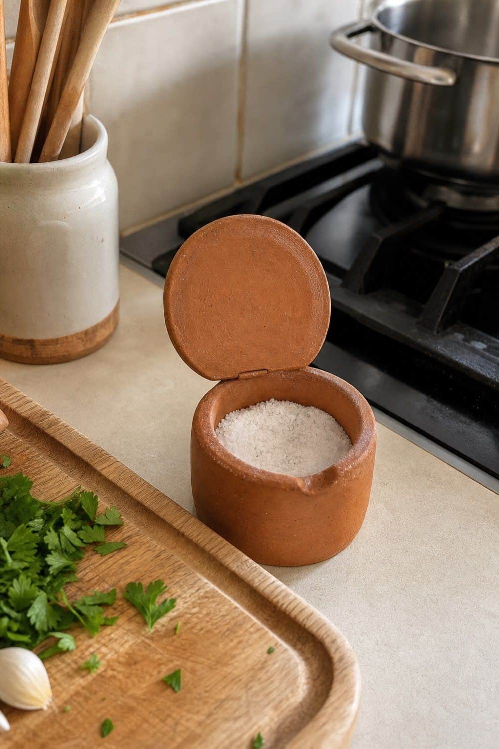 25 Best Earthy Kitchen Decor Finds 23. Clay Salt Cellar for Prep Counters