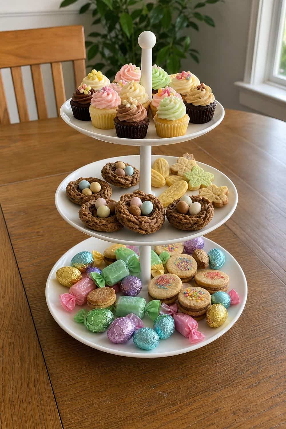 25 Easter Dessert Table Ideas for a Pretty Spring Spread easter dessert table 11 tiered stand tiny treats