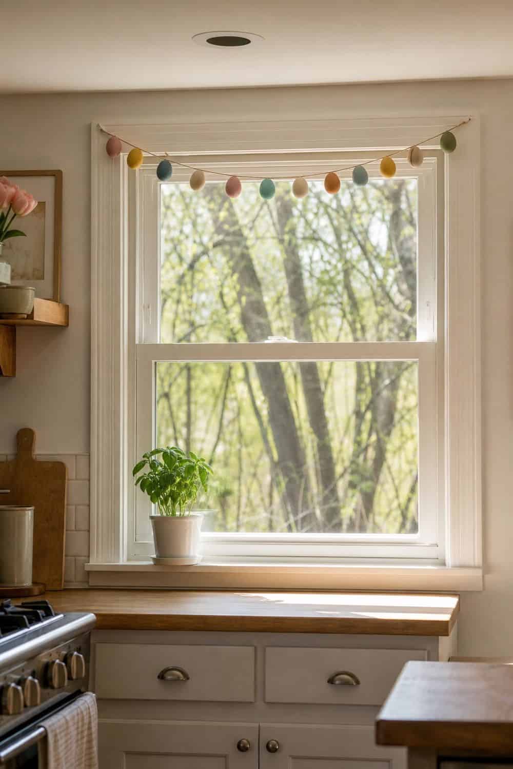 25 Easter Kitchen Decor Ideas for a Fresh Spring Touch Small Window Egg Garland for Easter kitchen decor