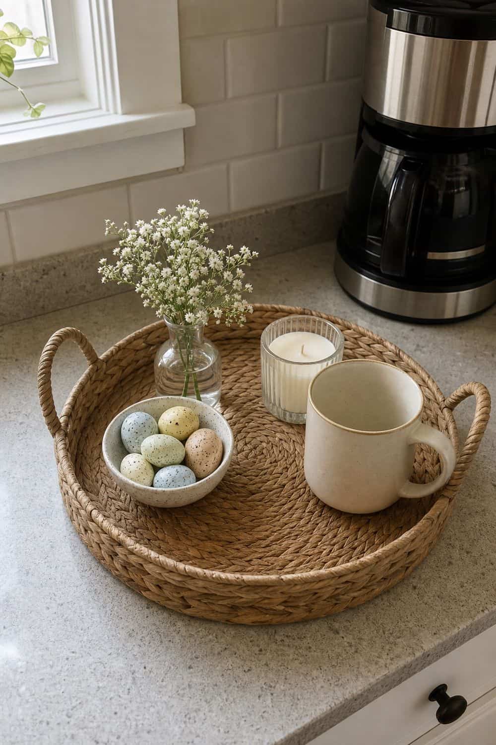 25 Easter Kitchen Decor Ideas for a Fresh Spring Touch Woven Tray for Contained Decor for Easter kitchen decor