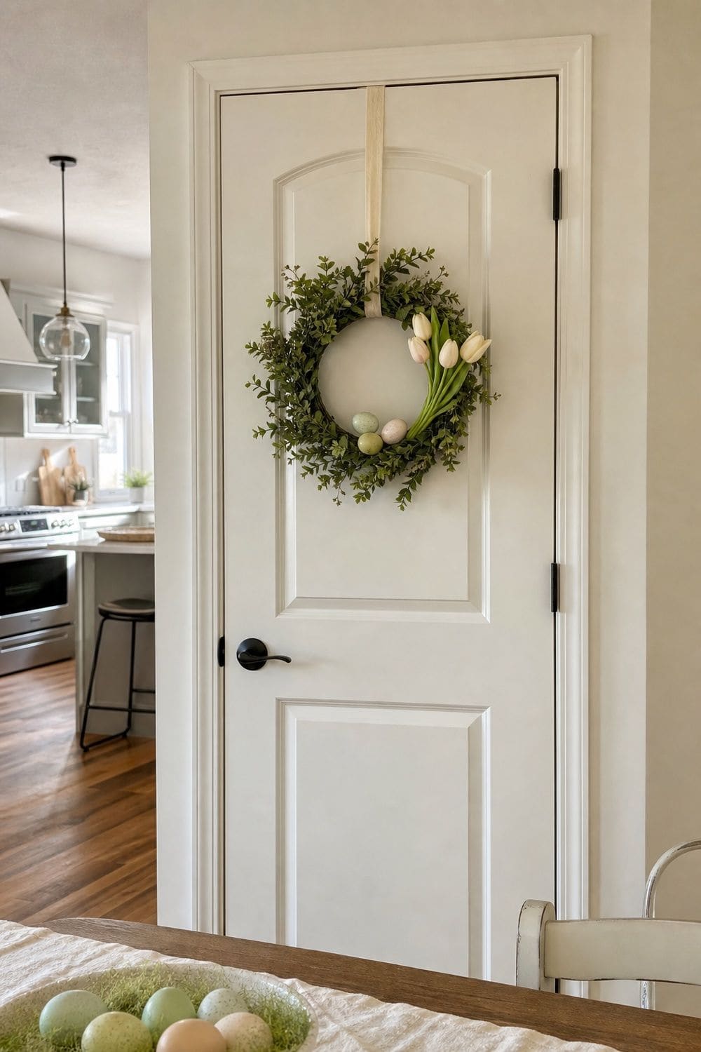 25 Easter Kitchen Decor Ideas for a Fresh Spring Touch Spring Wreath on the Pantry Door for Easter kitchen decor