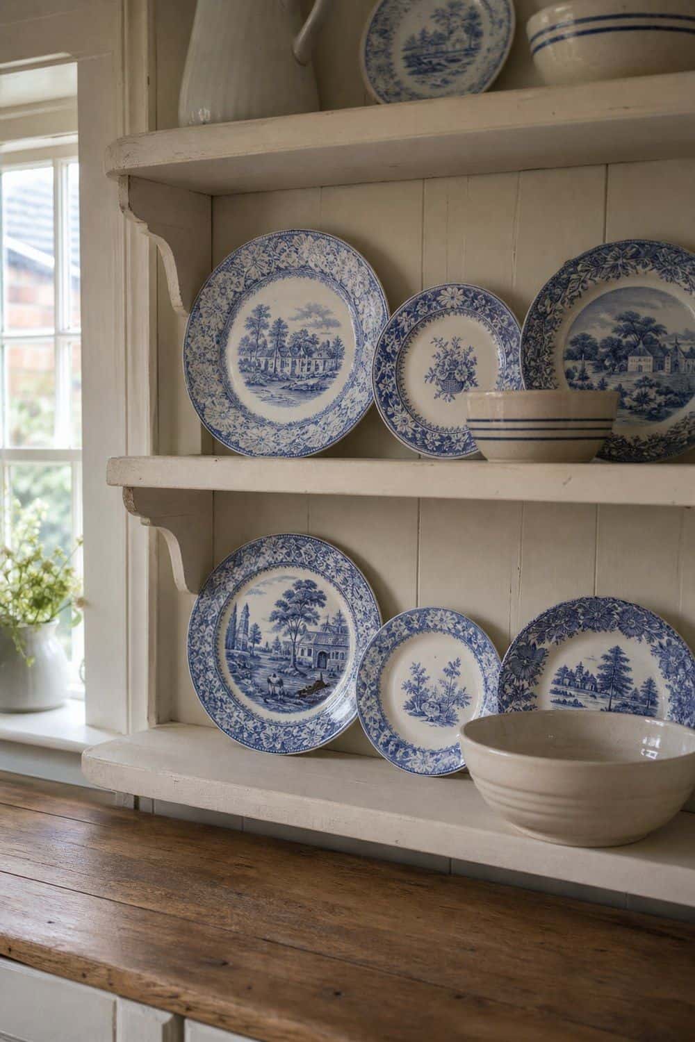 1. Blue and White Transferware Plates for Open Shelves