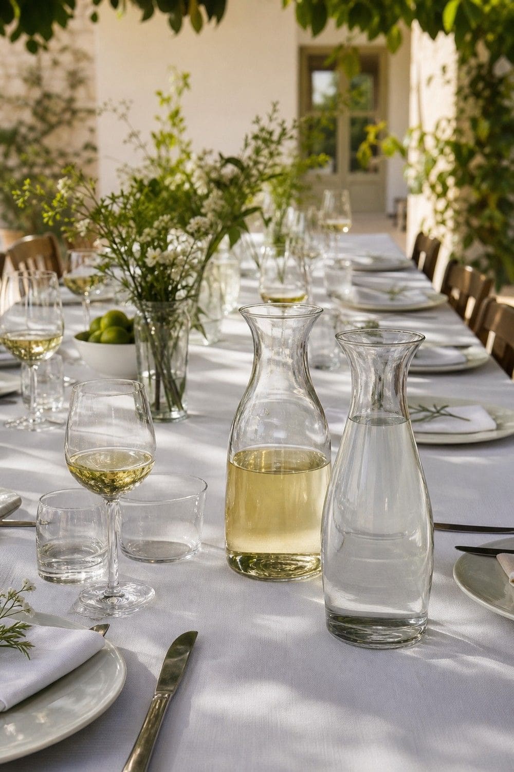25 European Summer Dinner Party Ideas for a Long, Sunlit Table water and wine in simple carafes for a European summer dinner party