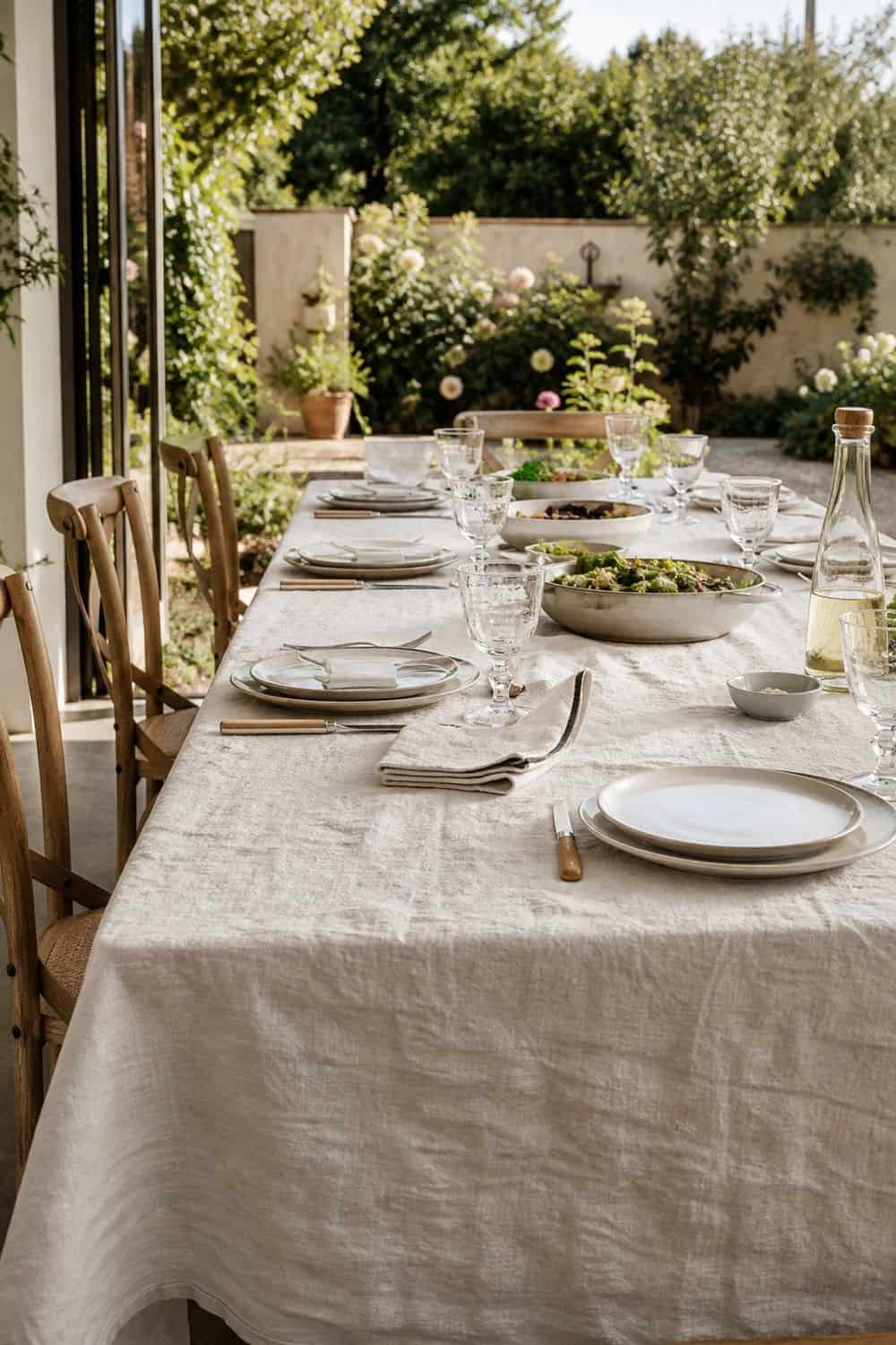25 European Summer Dinner Party Ideas for a Long, Sunlit Table long linen tablecloth for a European summer dinner party