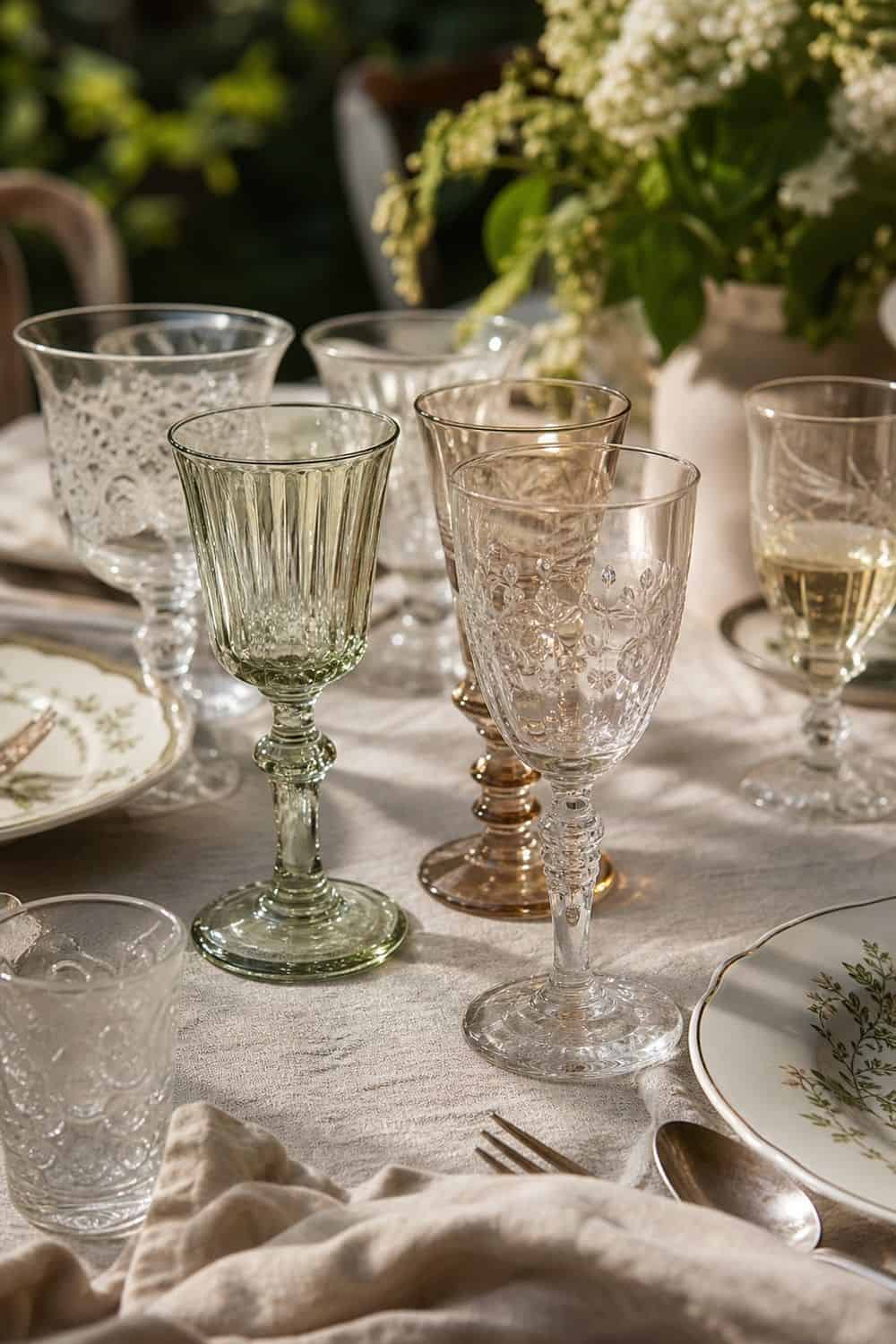25 European Summer Dinner Party Ideas for a Long, Sunlit Table vintage-style wine glasses for a European summer dinner party