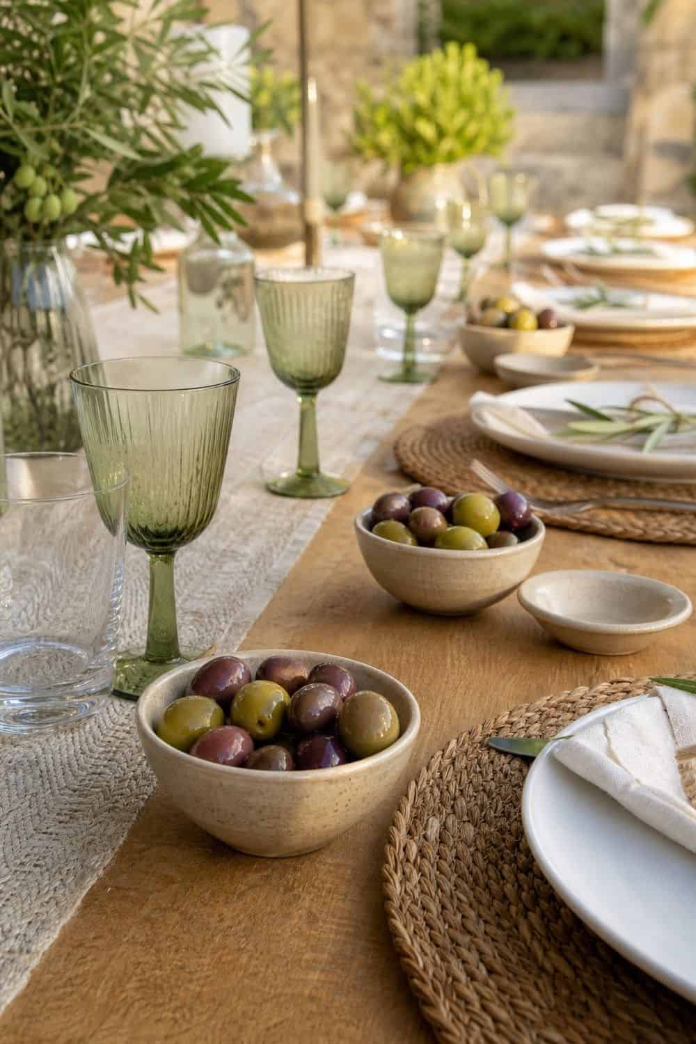 25 European Summer Dinner Party Ideas for a Long, Sunlit Table small olive bowls around the table for a European summer dinner party