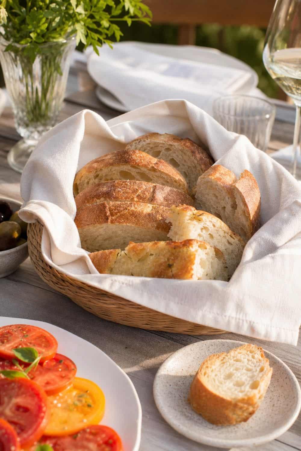 25 European Summer Dinner Party Ideas for a Long, Sunlit Table bread in a linen-lined basket for a European summer dinner party