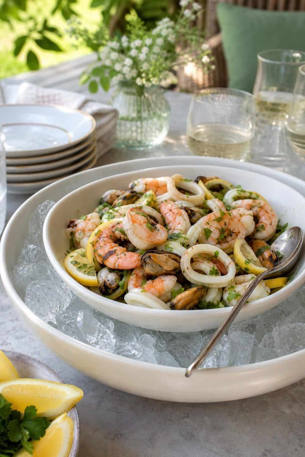 25 European Summer Dinner Party Ideas for a Long, Sunlit Table seafood salad kept cold over ice for a European summer dinner party