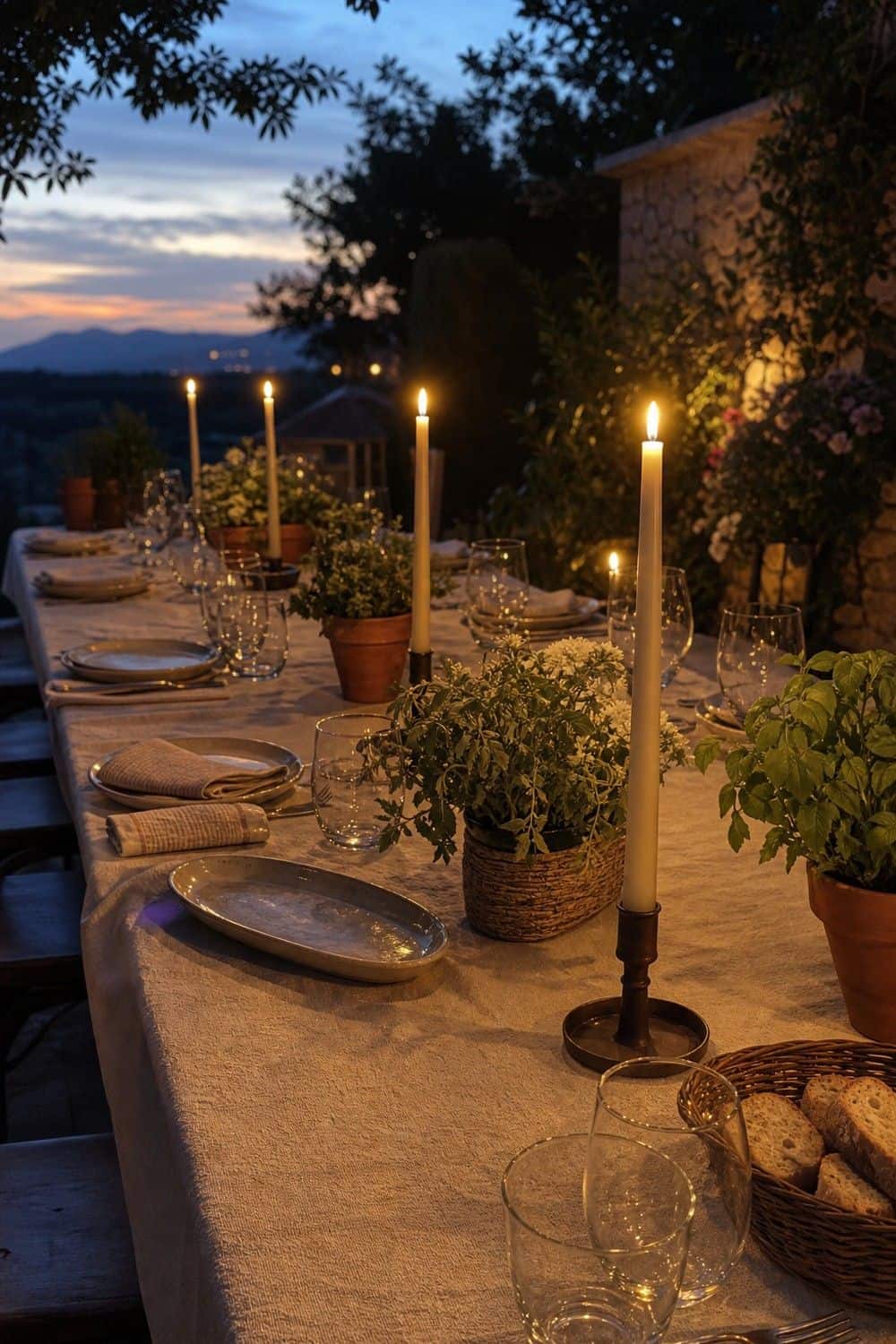25 European Summer Dinner Party Ideas for a Long, Sunlit Table taper candles after sunset for a European summer dinner party