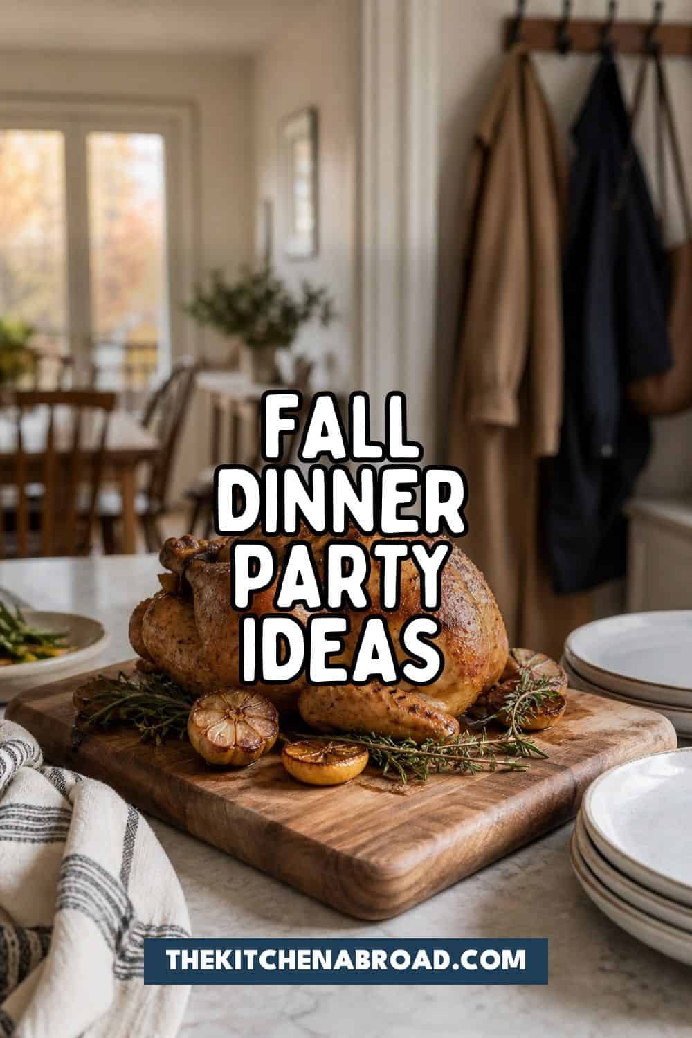 Pinterest pin for fall dinner party ideas with a roasted main dish and bold title text.