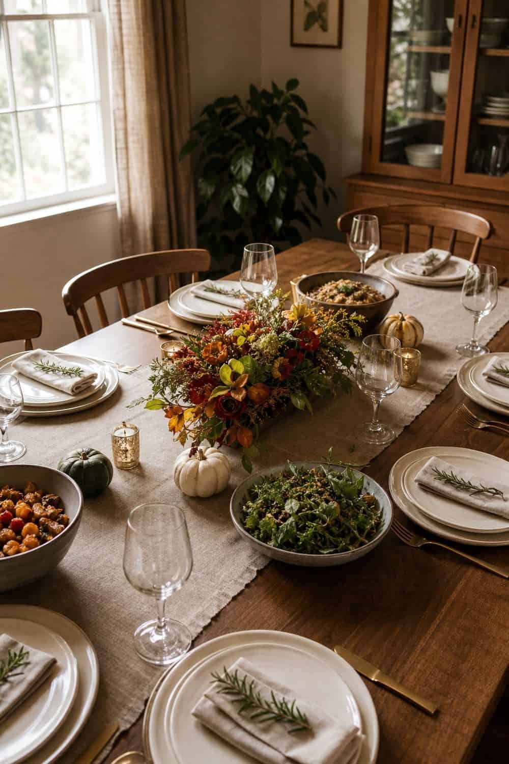 Fall dinner party idea showing set a fall table with room for food in a clean, cozy hosting setup.