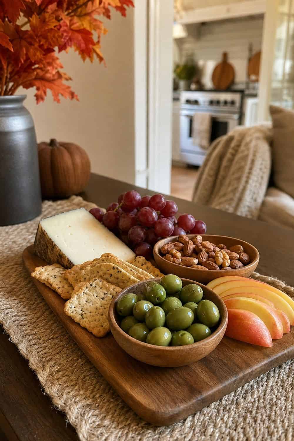 Fall dinner party idea showing serve one pre-dinner bite in a clean, cozy hosting setup.