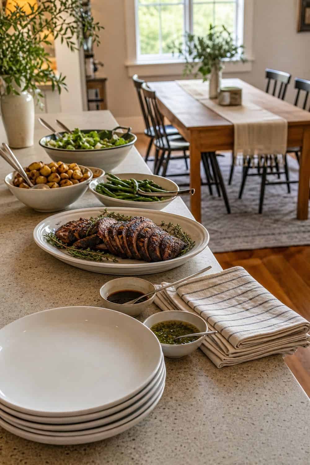 Fall dinner party idea showing build a serving path from kitchen to table in a clean, cozy hosting setup.