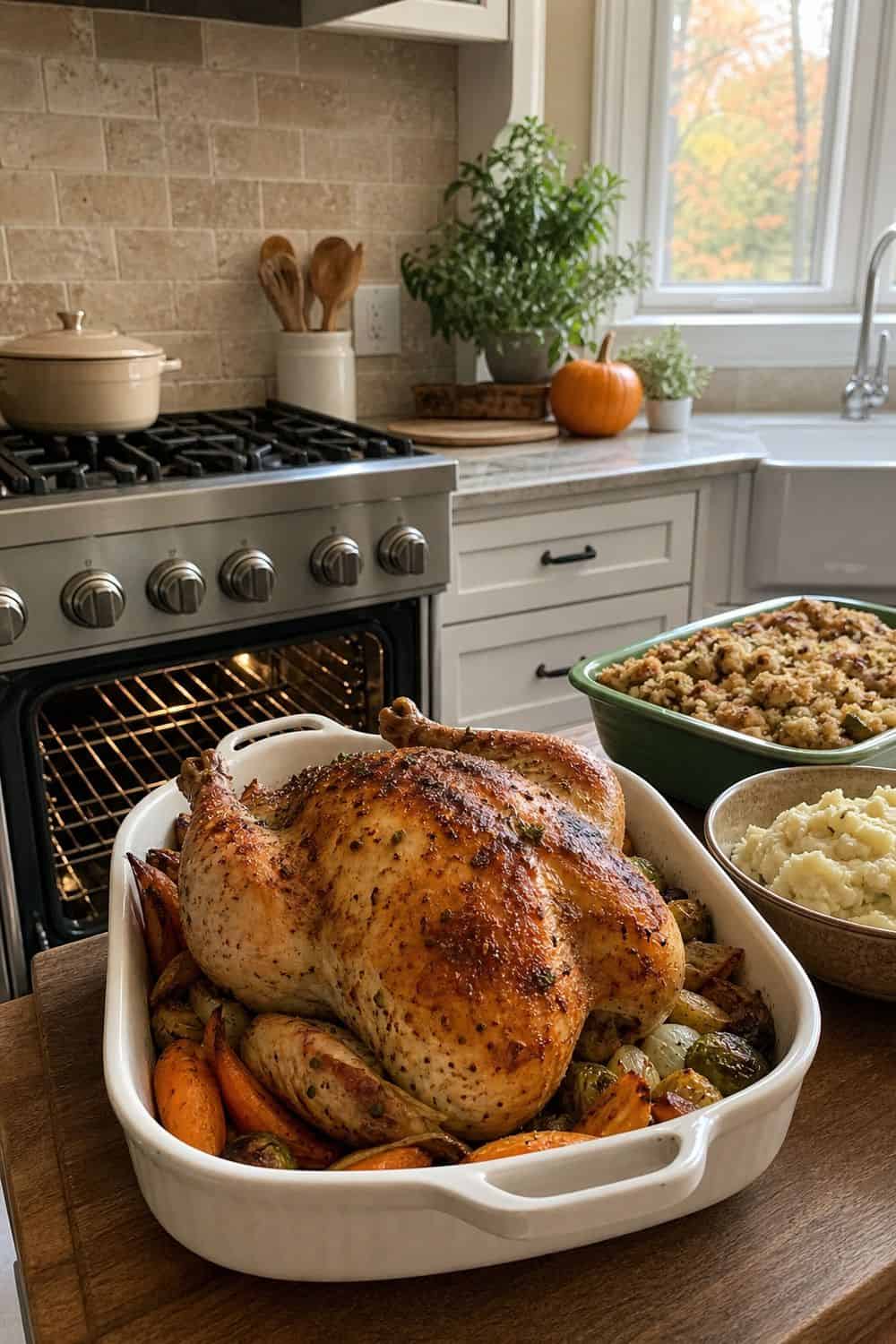 Fall dinner party idea showing plan the menu around oven space in a clean, cozy hosting setup.