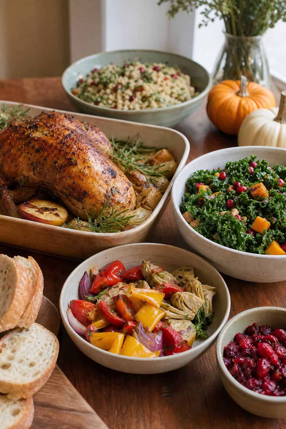 Fall dinner party idea showing balance hot dishes with room-temperature sides in a clean, cozy hosting setup.
