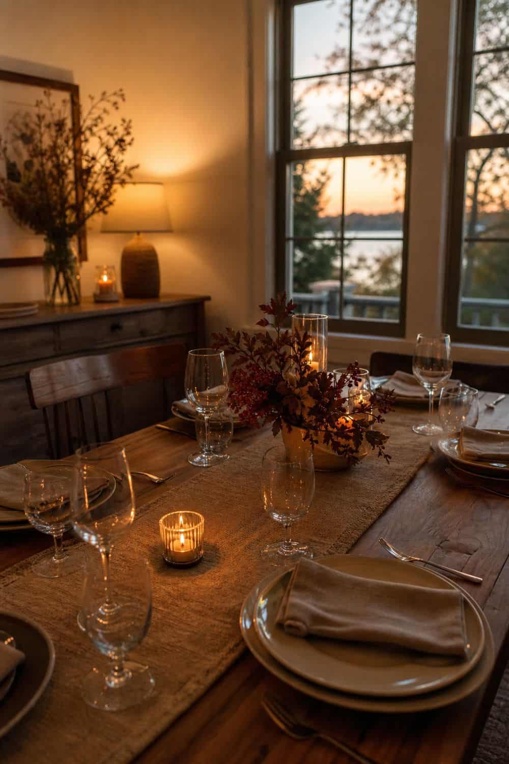 Fall dinner party idea showing light the table without blocking conversation in a clean, cozy hosting setup.