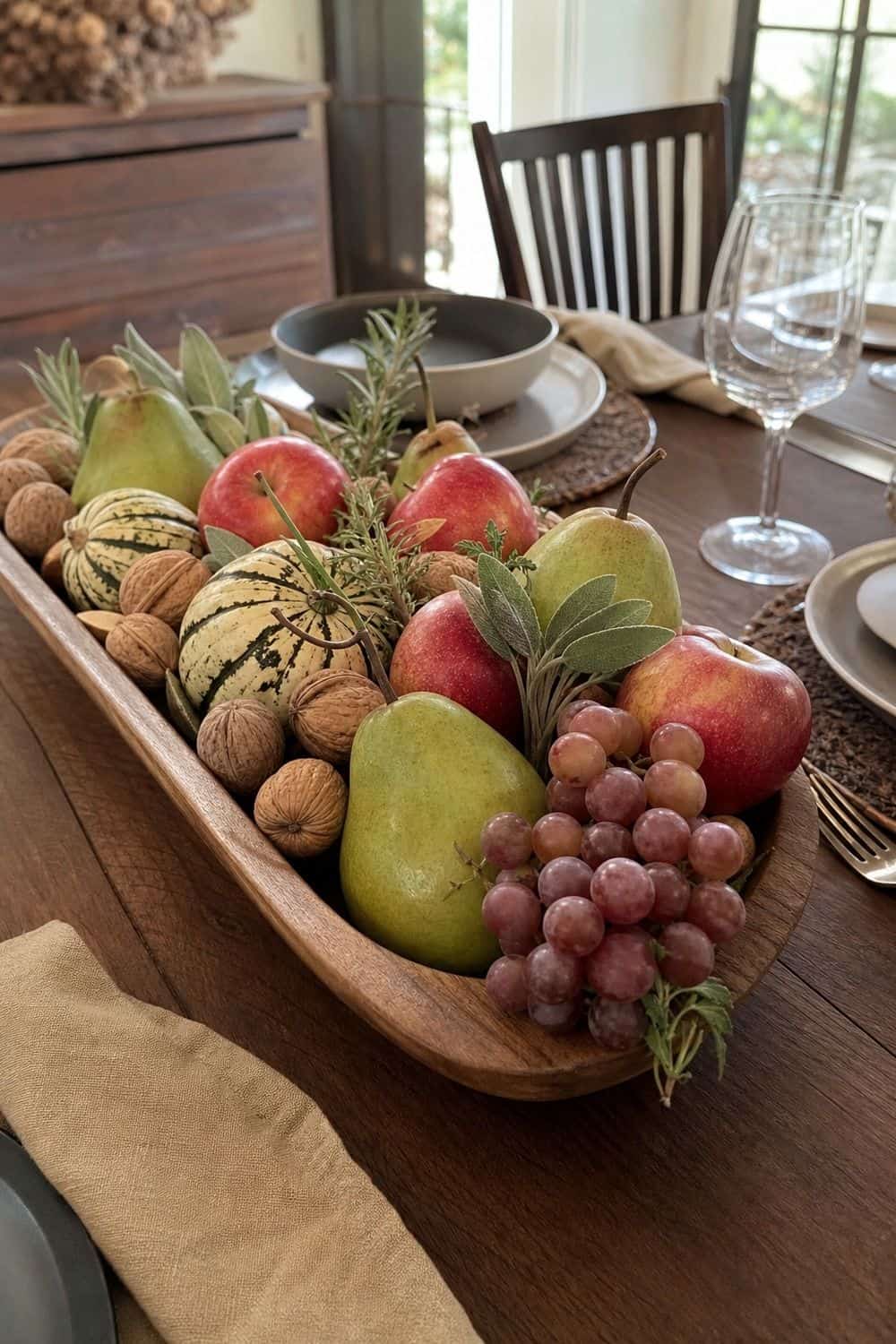 Fall dinner party idea showing decorate with produce that matches the menu in a clean, cozy hosting setup.