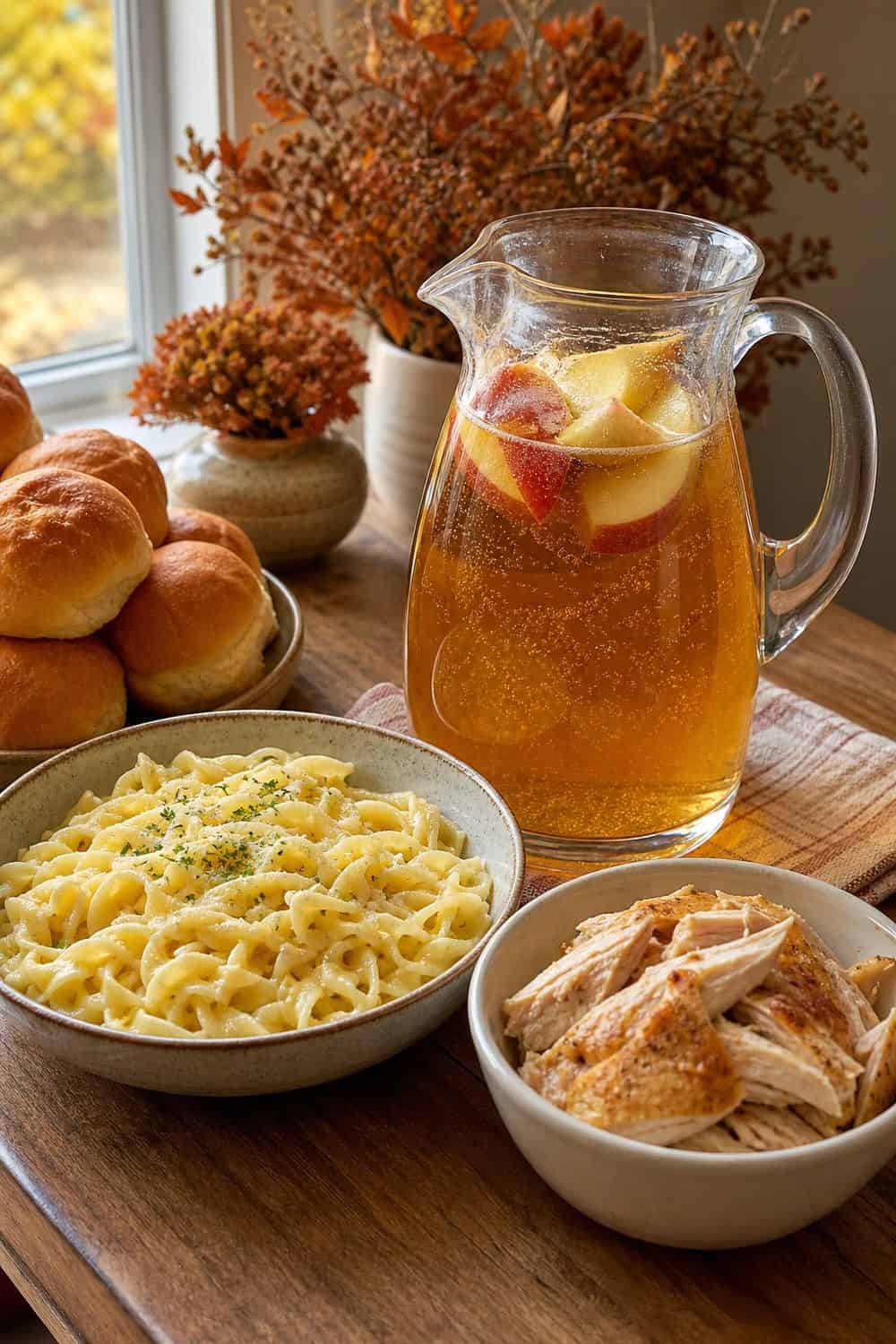 Fall dinner party idea showing offer one family-friendly drink or dish in a clean, cozy hosting setup.