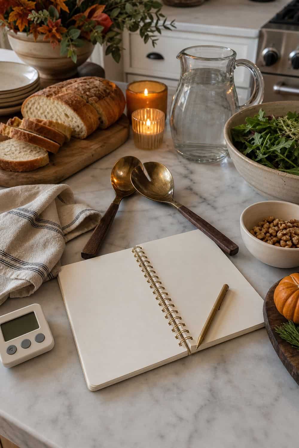 Fall dinner party idea showing use a prep timeline for the whole meal in a clean, cozy hosting setup.