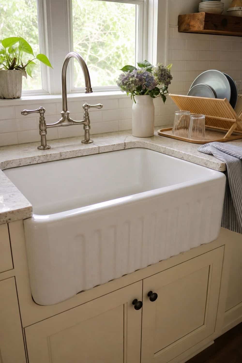 25 Farmhouse Kitchen Ideas for Warm Everyday Cooking 2. Apron-Front Sink for Daily Cleanup