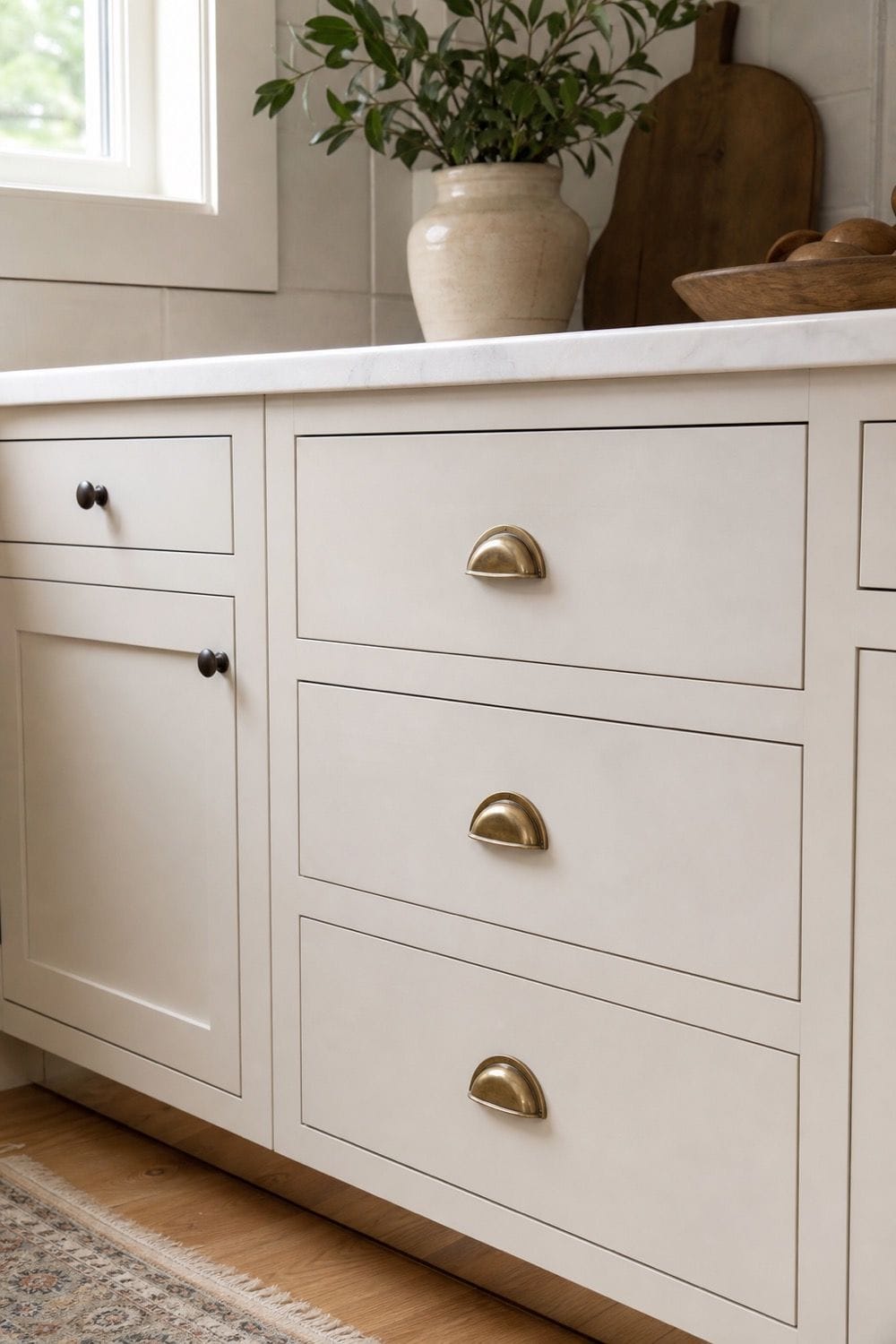 25 Farmhouse Kitchen Ideas for Warm Everyday Cooking 13. Aged Brass or Soft Iron Hardware