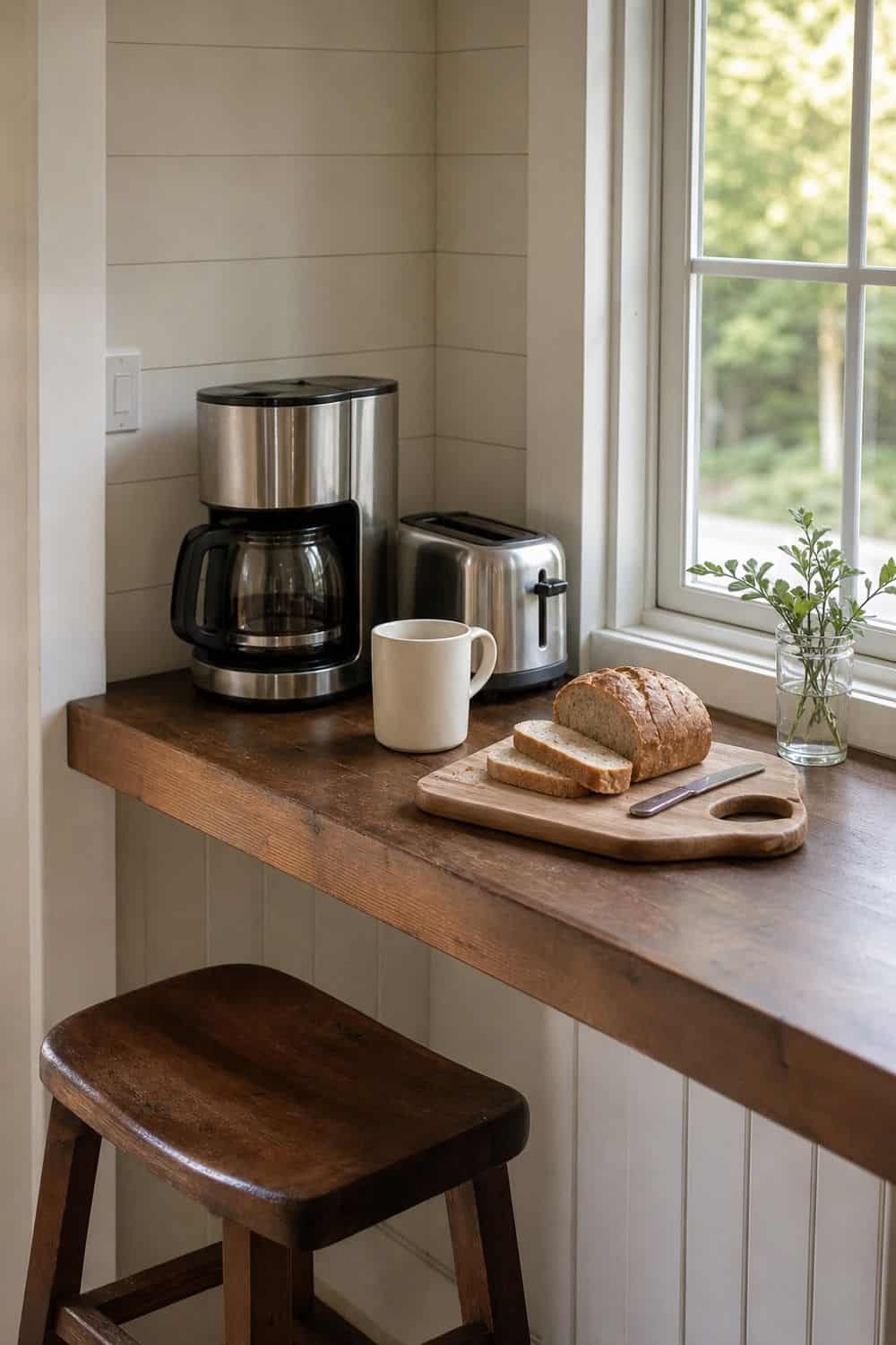 25 Farmhouse Kitchen Ideas for Warm Everyday Cooking 19. Morning Coffee and Toast Corner