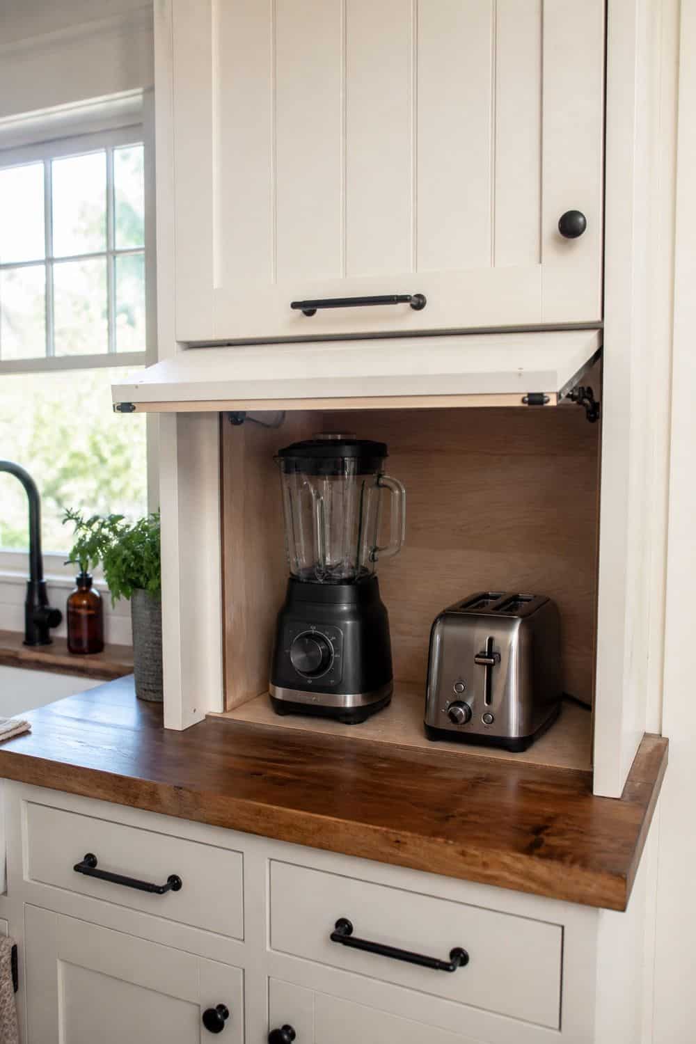25 Farmhouse Kitchen Ideas for Warm Everyday Cooking 20. Appliance Garage for Small Appliances