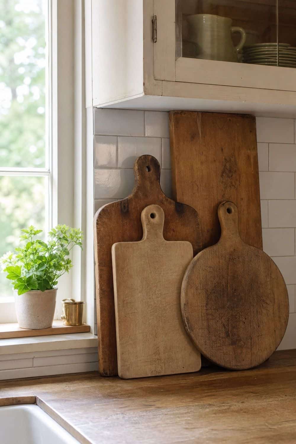 25 Farmhouse Kitchen Ideas for Warm Everyday Cooking 21. Vintage Cutting Boards as Working Decor