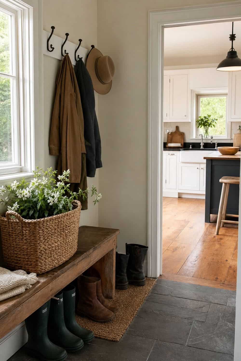 25 Farmhouse Kitchen Ideas for Warm Everyday Cooking 23. Mudroom Landing Near the Kitchen