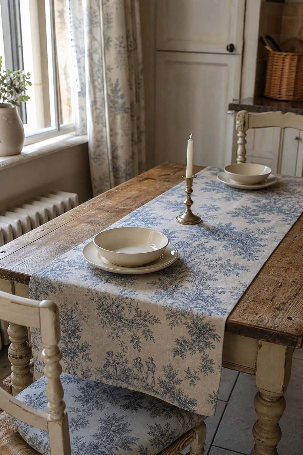 25 Best French Country Kitchen Decor Finds 2. Toile Table Runner for a Breakfast Nook