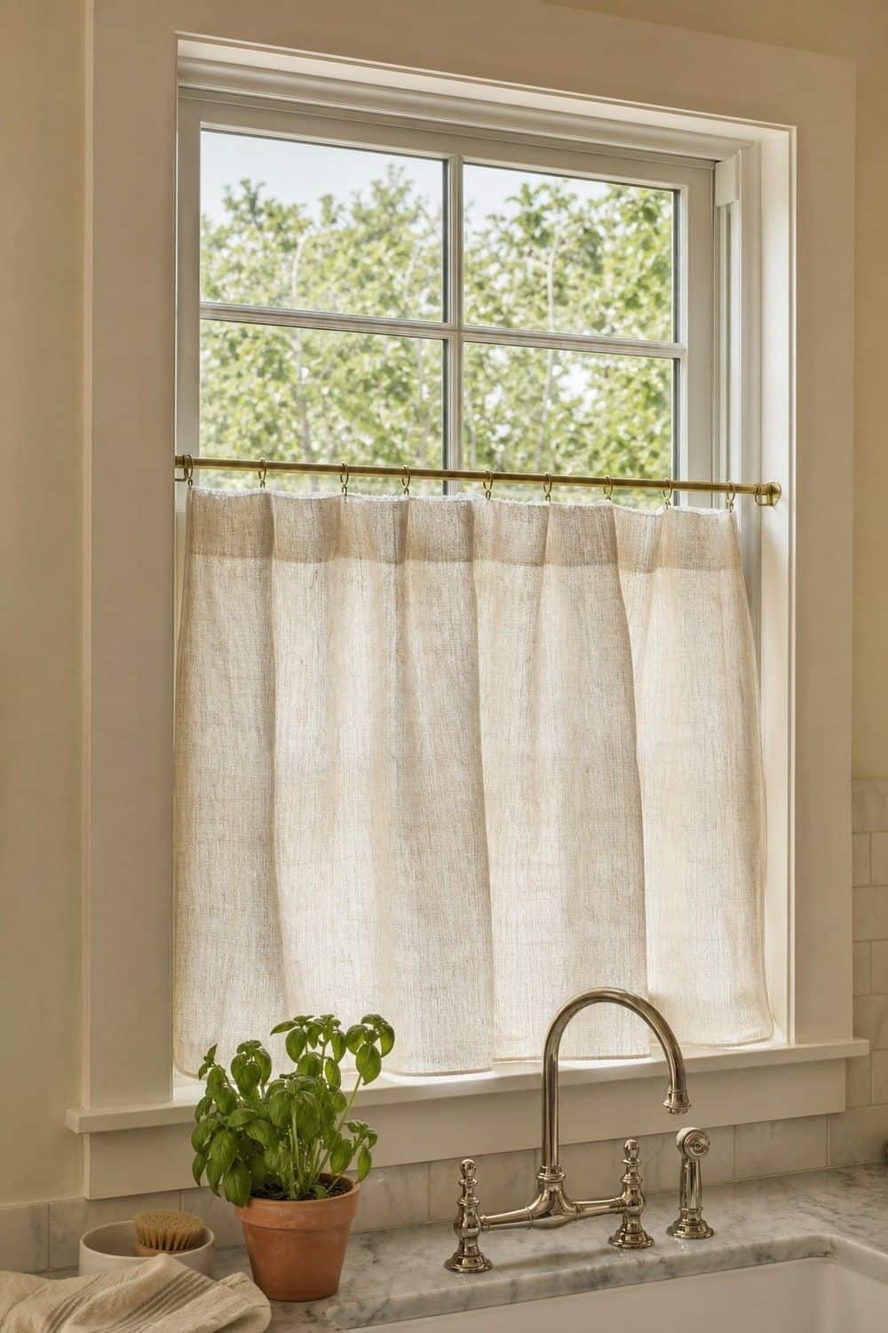 25 Best French Country Kitchen Decor Finds 3. Linen Cafe Curtains for Kitchen Windows