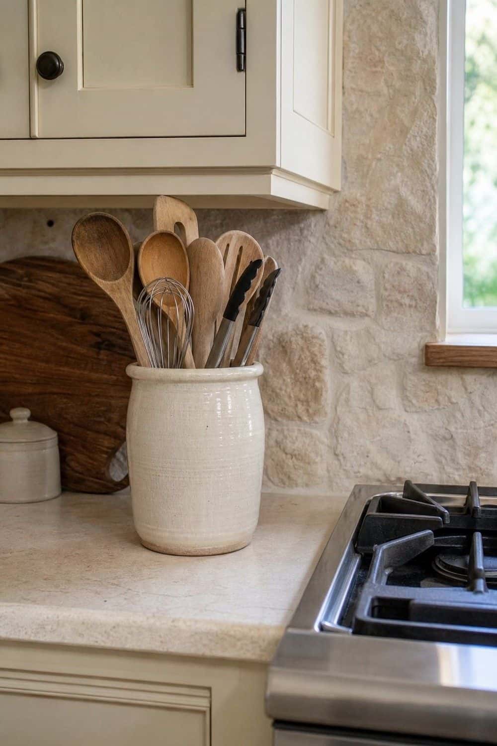 25 Best French Country Kitchen Decor Finds 6. Ceramic Utensil Crock for Wooden Spoons