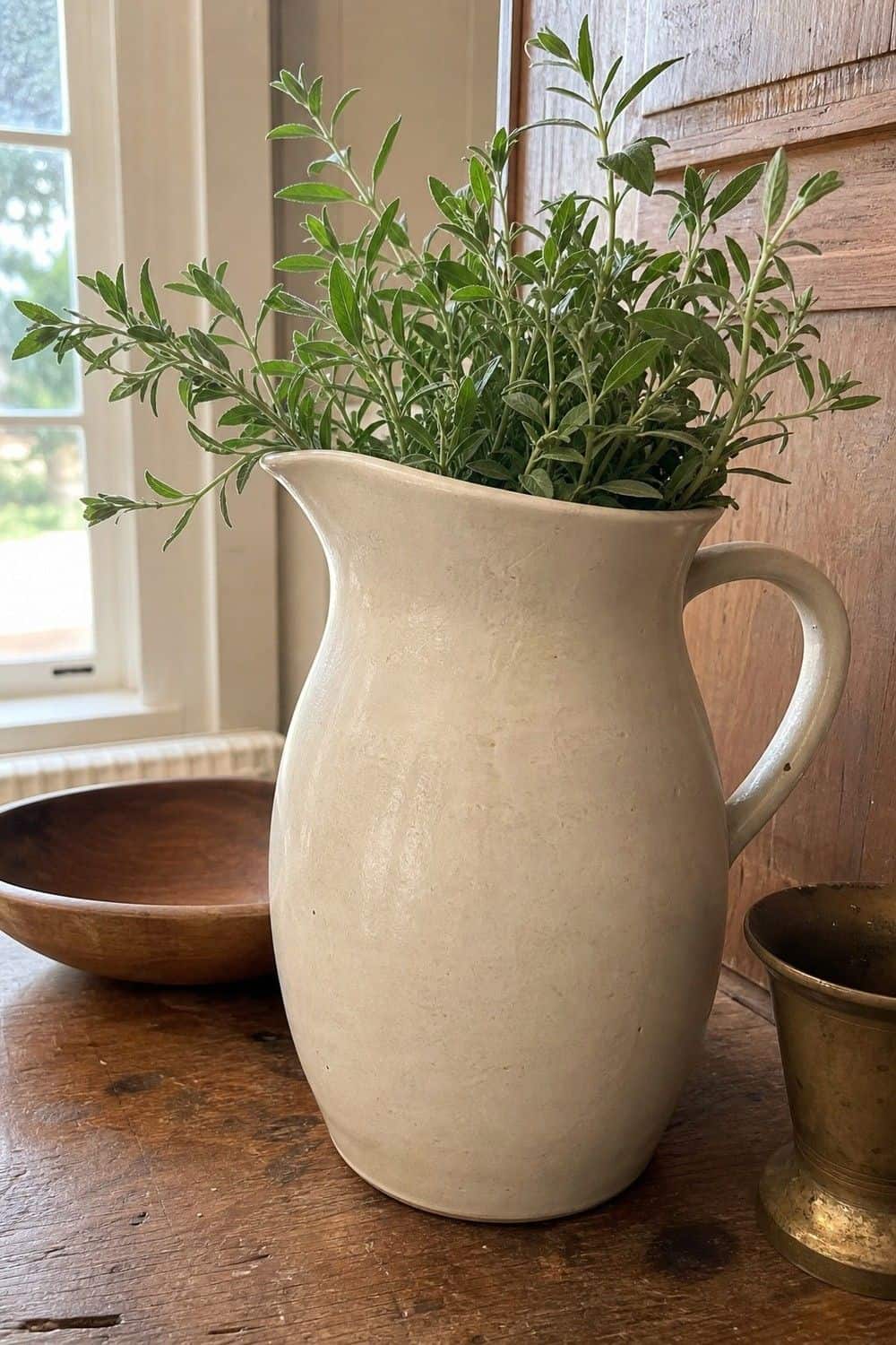 25 Best French Country Kitchen Decor Finds 11. Cream Ceramic Pitcher for Flowers or Utensils