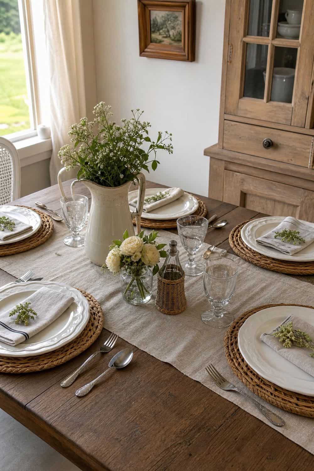 25 French Country Tablescape Ideas for Rustic Elegance 2. Rattan Chargers for Country Texture