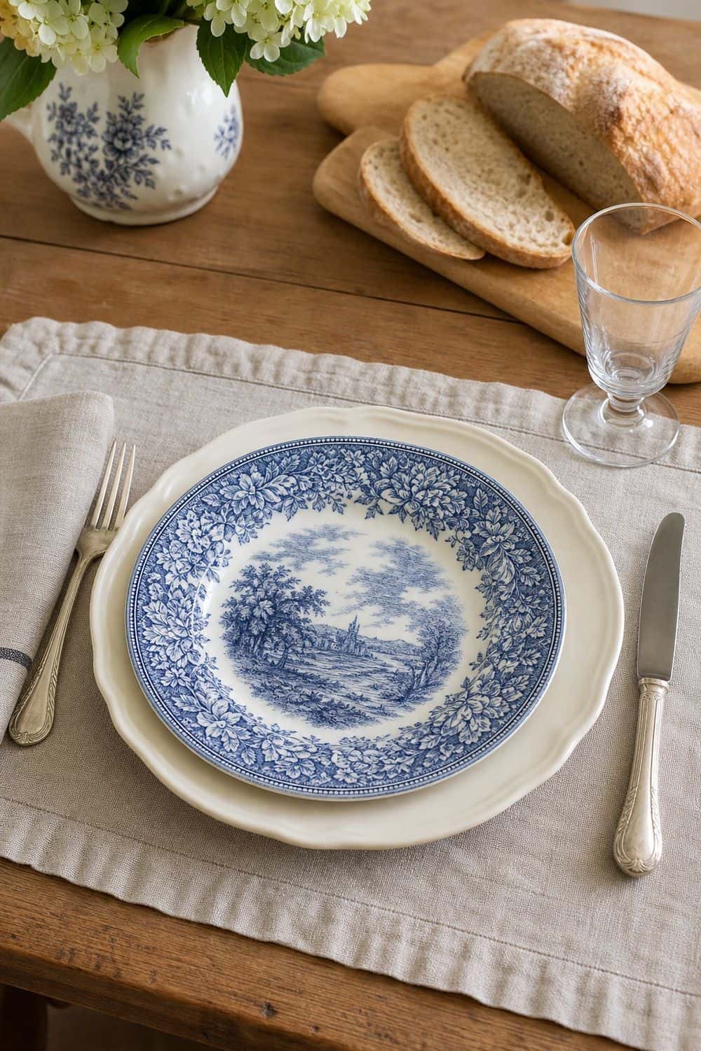 25 French Country Tablescape Ideas for Rustic Elegance 4. Blue Transferware Accent Plates