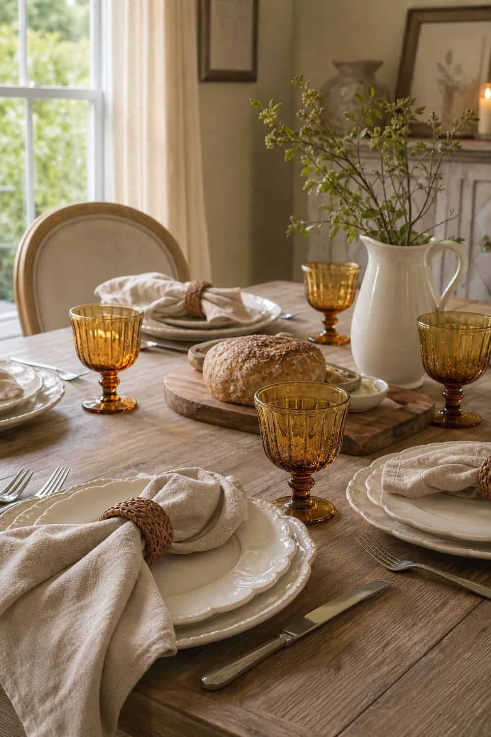 25 French Country Tablescape Ideas for Rustic Elegance 6. Amber Goblets for Warmth