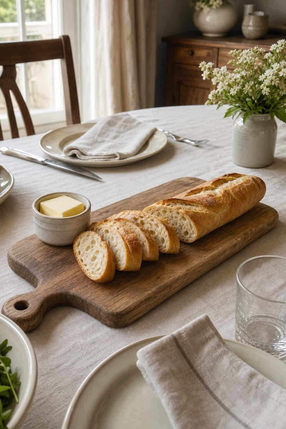 25 French Country Tablescape Ideas for Rustic Elegance 10. Wood Bread Board at the Center