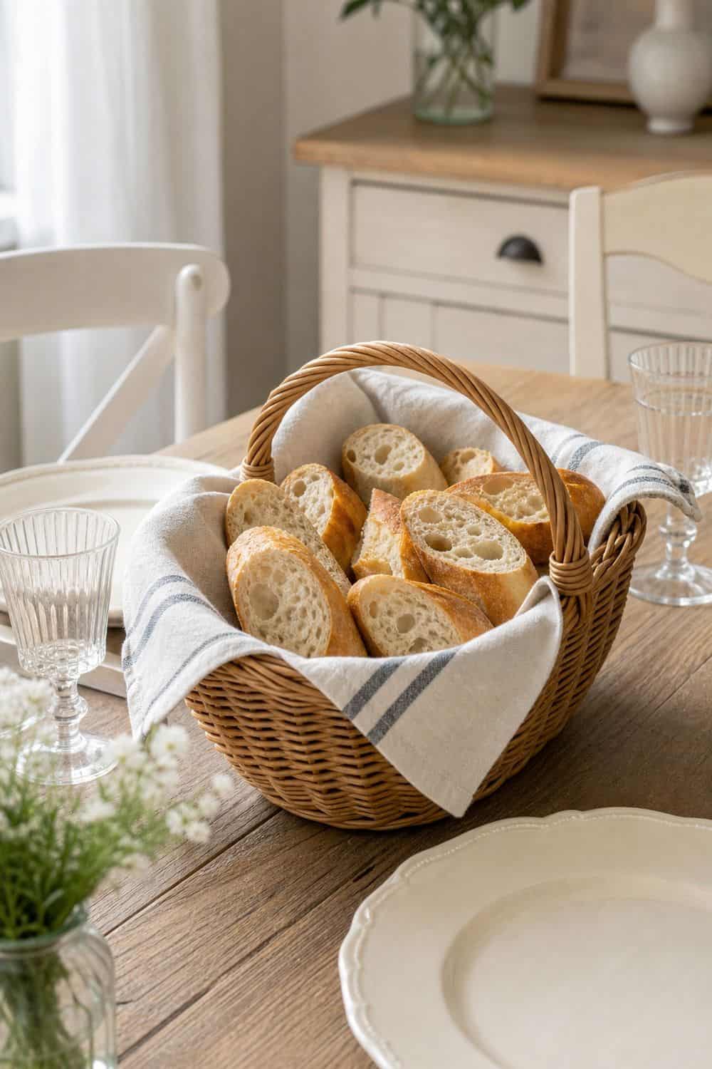 25 French Country Tablescape Ideas for Rustic Elegance 11. Baguette Slices in a Wicker Basket